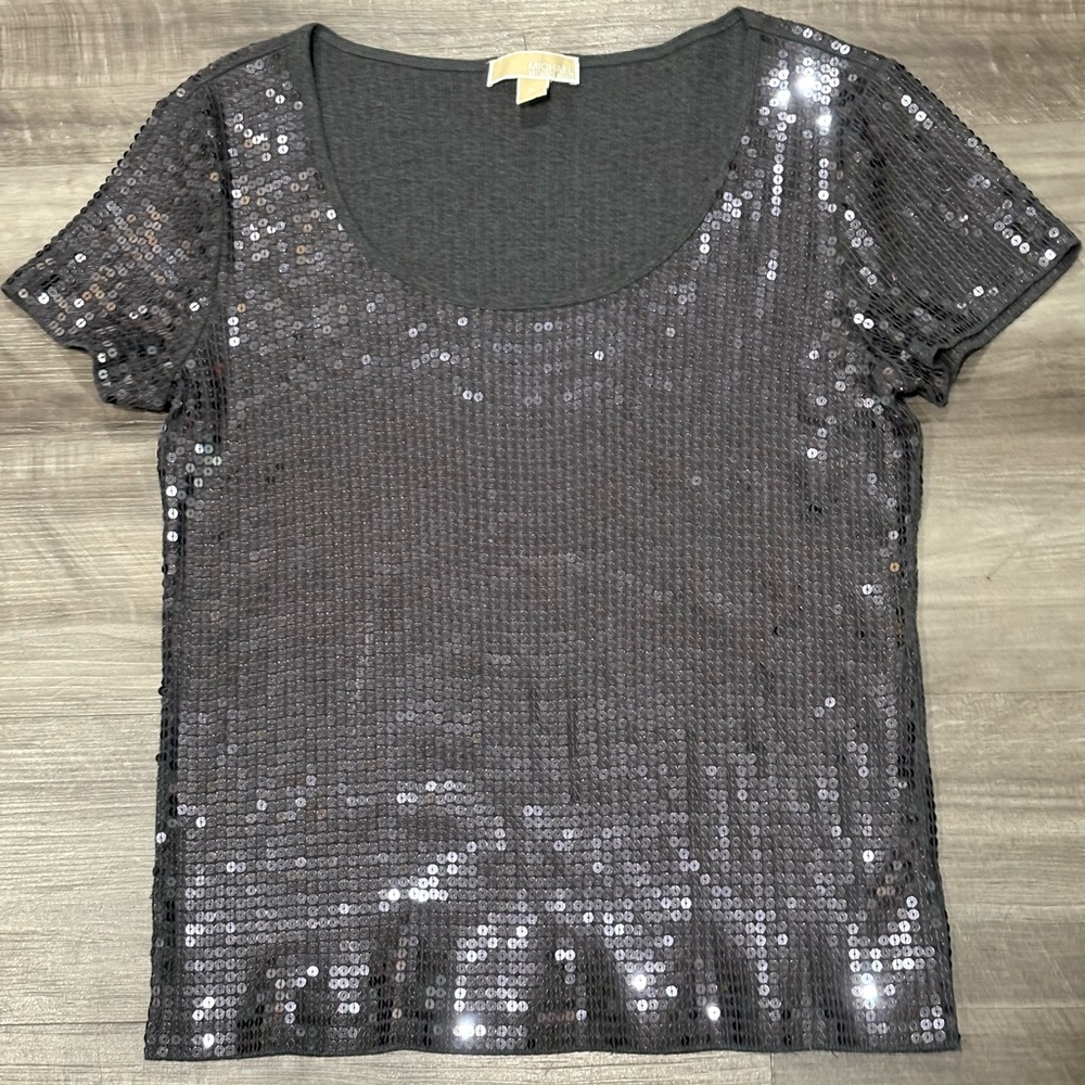 Michael Kors Womens XL Black Sequin Short Sleeve Scoop Neck Top Party Blouse